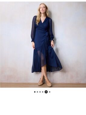 LC Lauren Conrad Navy long Wrap flocked Polka-Dot Maxi Dress Sz L Flowy Sheer